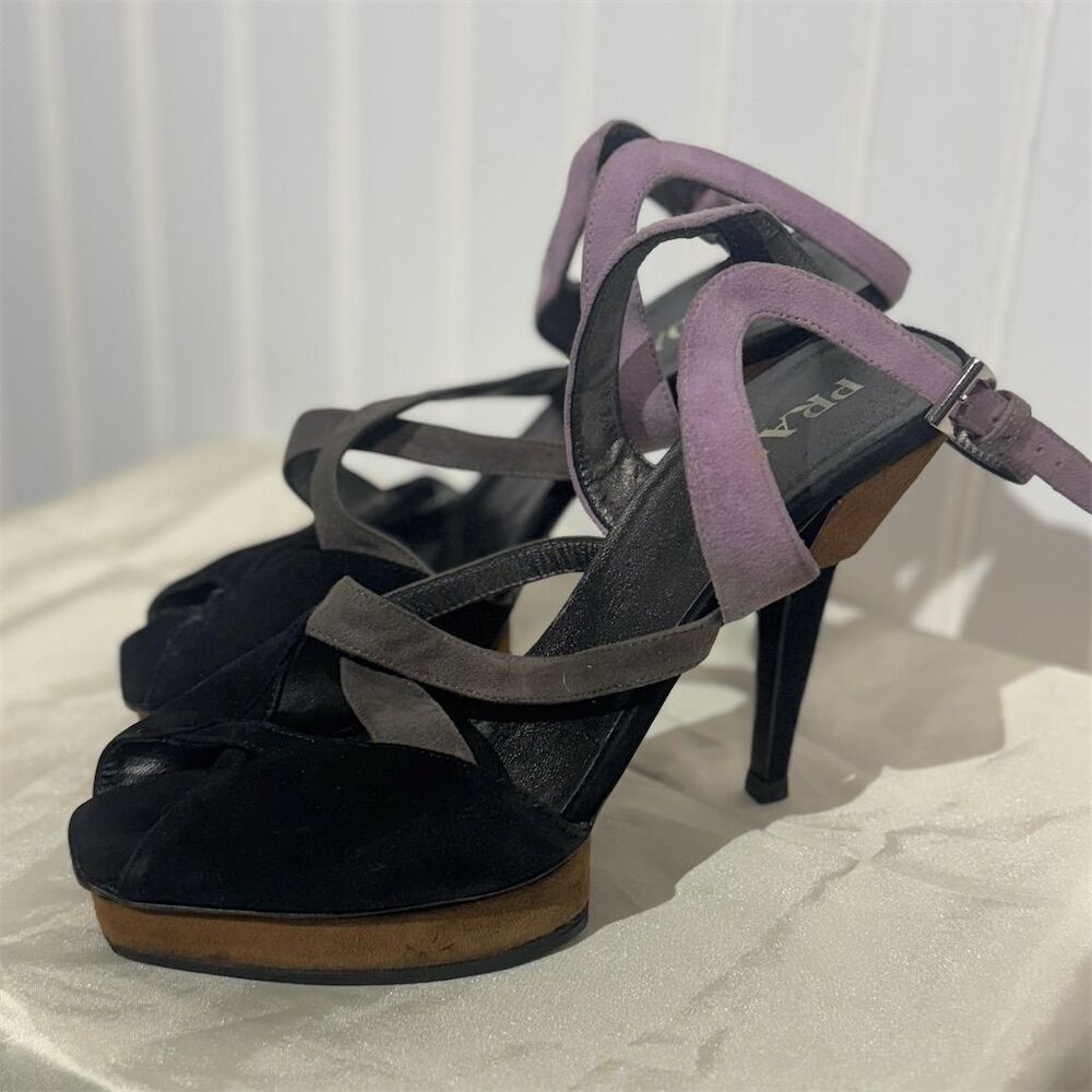 Prada Suede Platform Strappy Sandals Heels Black Gray Purple EU 37 US 7 Italy